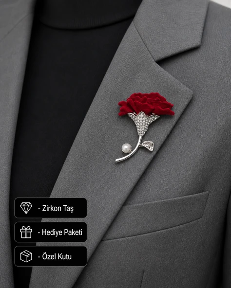 Hediye Kırmızı Kadife Gül Tasarımlı Zirkon Taşlı Kadın Broş ürün görseli 1