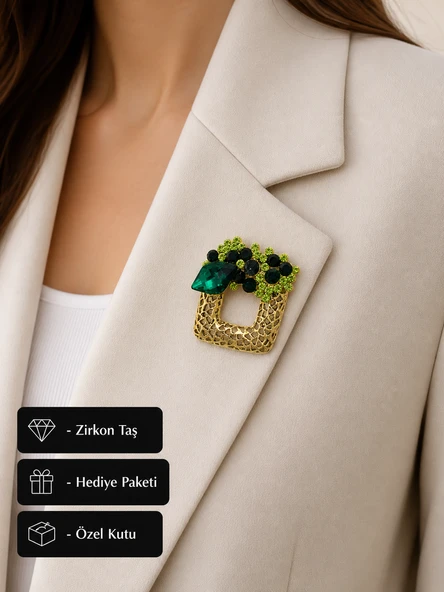 Hediye Yeşil Zirkon Taşlı Gold Kare Tasarım Kadın Broşu ürün görseli 1