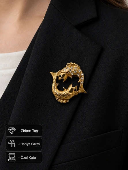 Hediye Balık Burcu Kadın Broş Gold Renk Zirkon Taşlı Rozet ürün görseli 1