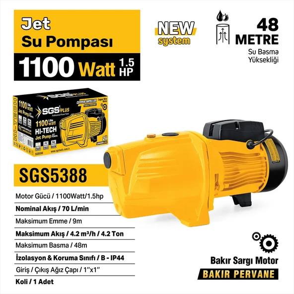 SGS5388 - JET SU POMPASI 1100 WATT 1.5 HP - 48 METRE - BAKIR SARGI MOTOR ürün görseli 1