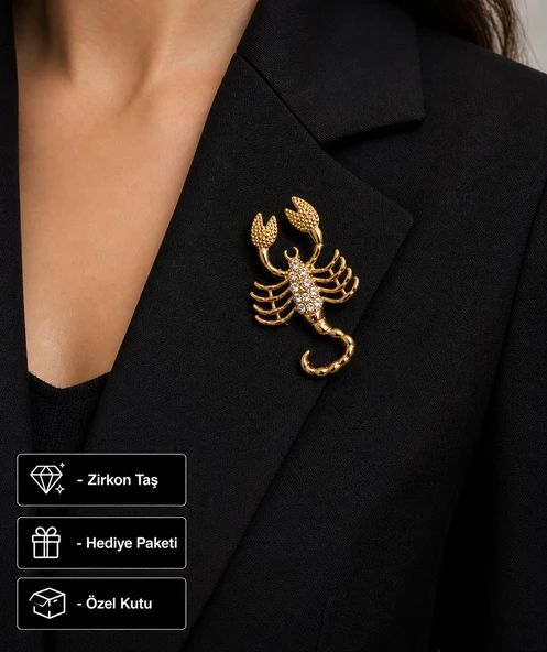 Hediye Akrep Burcu Kadın Broş Gold Renk Zirkon Taşlı Şık Yaka Aksesuarı ürün görseli 1