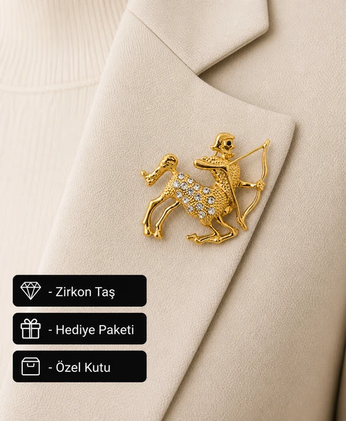 Hediye Yay Burcu Kadın Broş Gold Renk Zirkon Taşlı Burç Rozeti ürün görseli 1