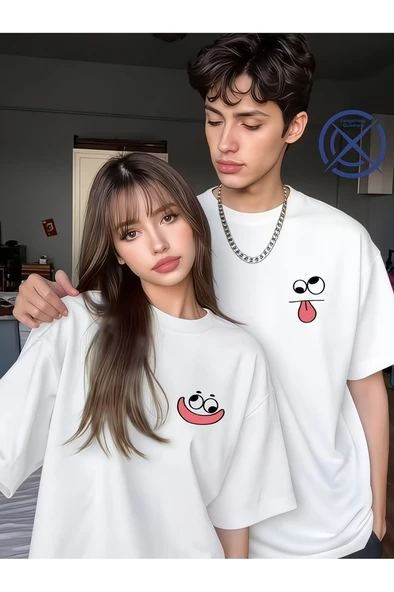 Sevgili Kombini Tişört 2’li Set Unisex Minimal Yüz Baskılı Çift Tişört %100 Pamuk ürün görseli 1