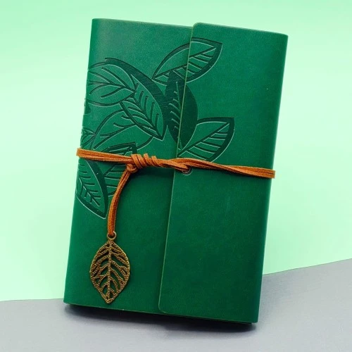 Yeşil Deri Kapaklı Yaprak Desenli Defter ürün görseli 1