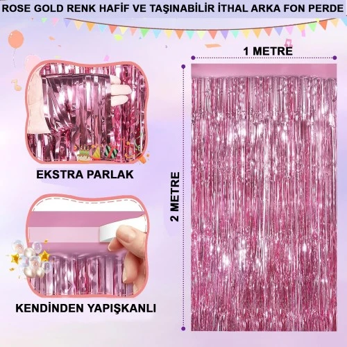 Ekstra Metalize Parlak Saçaklı Arka Fon Perde Rose Gold ürün görseli 1