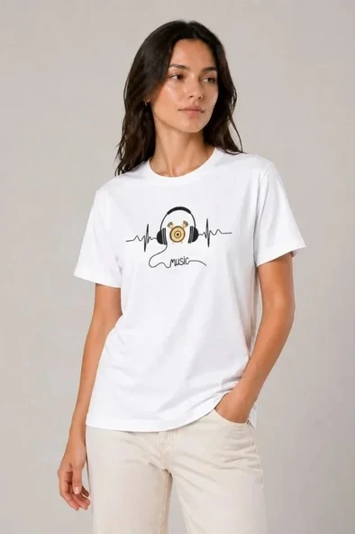 Müzik Temalı Baskılı Tişört Bisiklet Yaka Kısa Kol T-Shirt - Beyaz ürün görseli 1