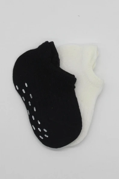 Bistyle 2'Li Sneakers Kaymaz Basic Penye Çorap 20103 Siyah Ekru - Resim 3