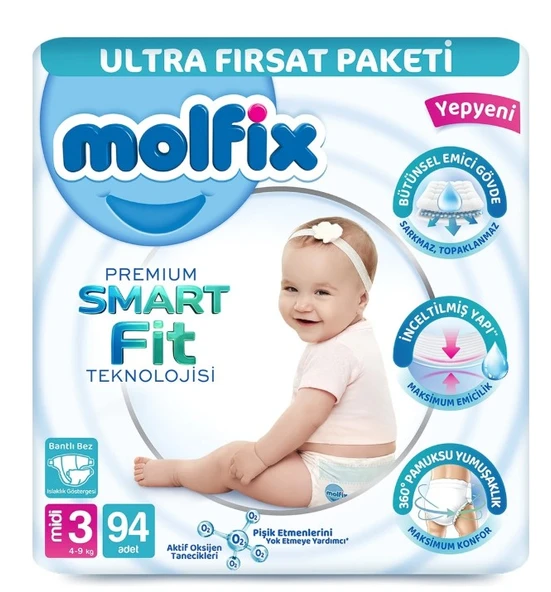 Molfix Premium Bebek Bezi Ultra Fırsat Paketi 3 Beden 4-9 Kg 94 Adet ürün görseli 1