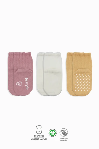 Bistyle Basic Kaymaz Penye Soket Çorap 3'Lü BS10106 Pudra Ekru Somon ürün görseli 1