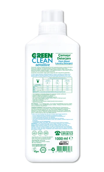 Green Clean Sensitive Parfümsüz Bitkisel Çamaşır Deterjanı 1000 ml - Resim 2