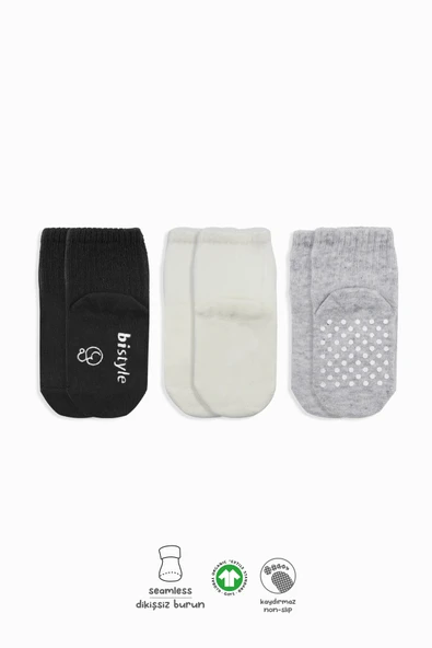 Bistyle Basic Kaymaz Penye Soket Çorap 3'Lü BS10106 Siyah Ekru Gri ürün görseli 1