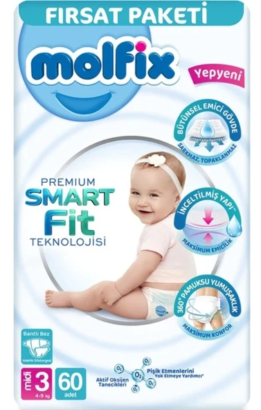 Molfix Premium Bebek Bezi Fırsat Paketi 3 Beden 4-9 Kg 60 Adet ürün görseli 1