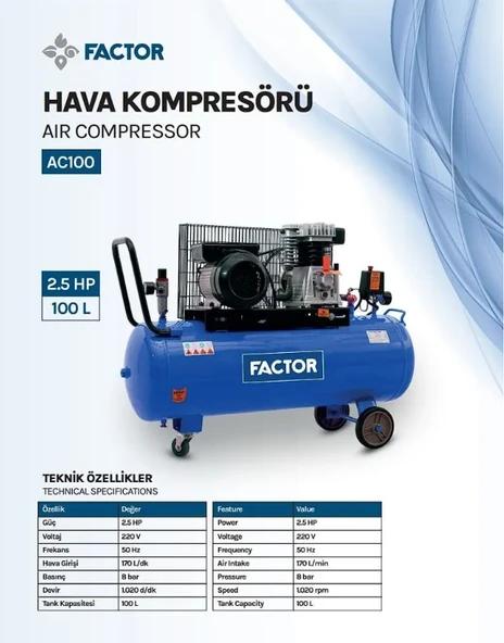 Factor Hava Komprasörü 100 Lt Z-0.17/8-100 - Resim 2