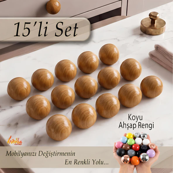 15 Adet Sert Plastik Düğme Yuvarlak Top Koyu Ahşap Rengi Dolap Mobilya Mutfak Dolabı Çekmece Kulbu Kulpu Kulplar ürün görseli 1
