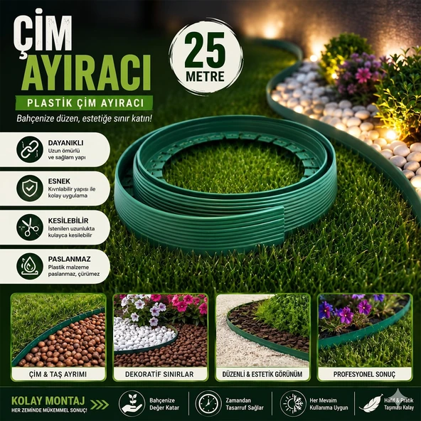 25 Metre Plastik Çim Ayracı Ayıraç Esnek Peyzaj Bordürü Park Bahçe Çim Bitki Yayılım Önleme Aparatı ürün görseli 1