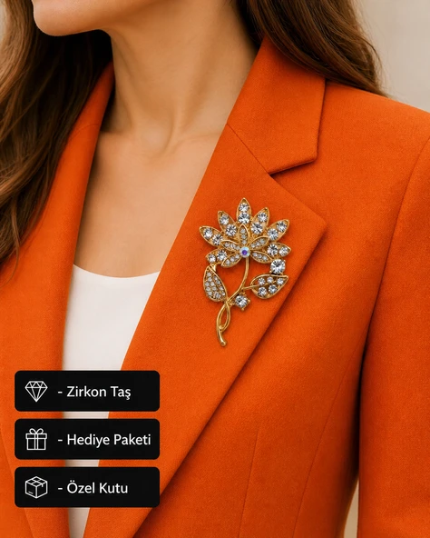 Hediye Gold Renk Zirkon Taşlı Çiçek Tasarım Kadın Broşu ürün görseli 1