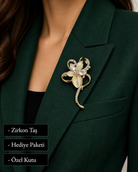 Hediye Kadın Çiçek Broş Gold Renk Zirkon Taşlı Elbise Ceket Aksesuarı ürün görseli 1