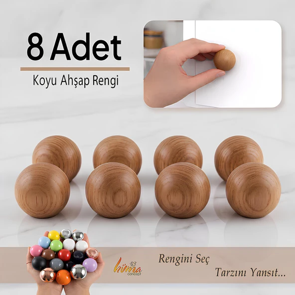 8 Adet Sert Plastik Düğme Yuvarlak Top Koyu Ahşap Rengi Dolap Mobilya Mutfak Dolabı Çekmece Kulbu Kulpu Kulplar ürün görseli 1