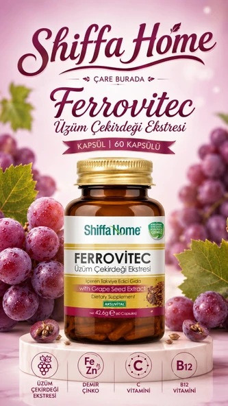Ferrovitec Üzüm Çekirdeği Ekstresi Kapsül (60 Kapsül) (Demir & Çinko & C Vitamini & B12 Vitamini) ürün görseli 1