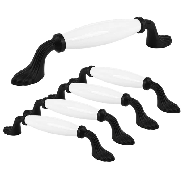 (5 Adet) Porsuk Beyaz Siyah Porselen Kulp 128 mm 12.8 cm Çekmece Dolabı Dolap Kapak Kulbu Kulp Kulpu ürün görseli 1