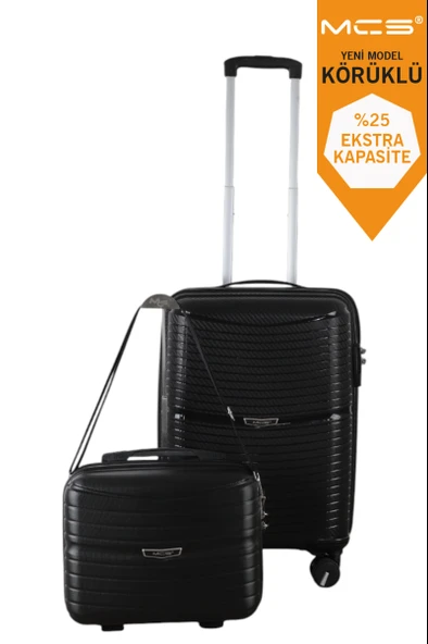 V379 AURA Y.ÜRETİM PP VALİZ 55 CM + MAKYAJ SİYAH SET ürün görseli 1