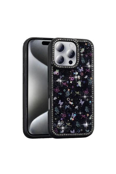 HEPTEKİLETİŞİM Apple iPhone 16 Pro Kılıf Taşlı ve Simli Tasarım Kapak (azra) ürün görseli 1