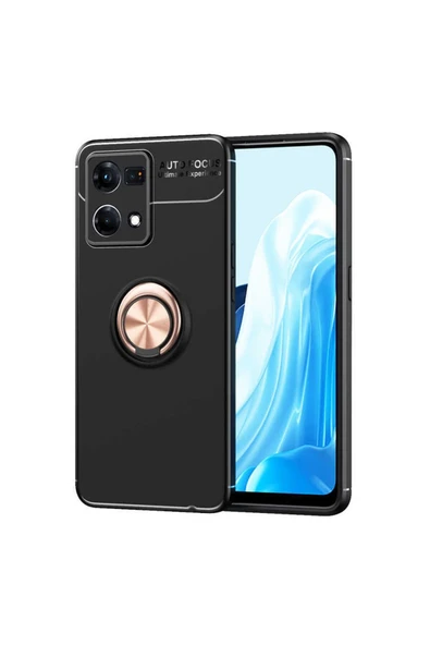 HEPTEKİLETİŞİM Reno 7 4g Kapak Kamera Çıkıntılı Renkli Yüzüklü Standlı Mıknatıslı Kılıf-ravel-Siyah-Rose Gold ürün görseli 1