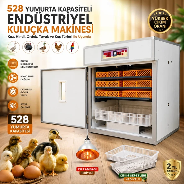528 Yumurta Kapasiteli Endüstriyel Kuluçka Makinesi - 3 Çeşit Viyollu, Çıkım Sepetli + Isı Lambası Hediyeli ürün görseli 1