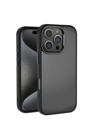 HEPTEKİLETİŞİM Apple iPhone 16 Pro Max Kılıf Karbon Fiber Görünümlü Parlak Kamera Çerçeveli HPTK Venus Kapak-Siyah ürün görseli 1