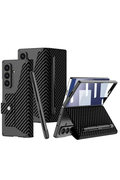 HEPTEKİLETİŞİM Samsung Galaxy Z Fold 7 Kılıf Kamera Korumalı Karbon Tasarımlı Kıpta Kalem Bölmeli Kapak (Fest) ürün görseli 1