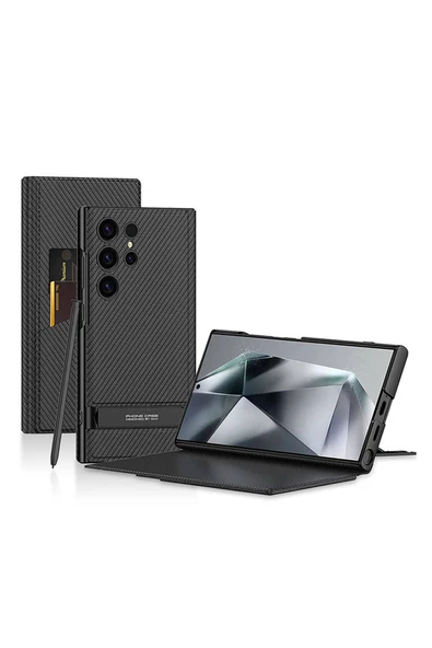 HEPTEKİLETİŞİM Galaxy S24 Ultra Kılıf Kamera Korumalı Karbon Tasarım HPTK Droga Standlı Kartlıklı Kapaklı Kılıf-Siy ürün görseli 1
