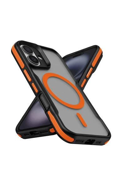HEPTEKİLETİŞİM iPhone 16 Plus Uyumlu Magsafe Şarj Özellikli Renkli Kenar Airbag Şeritli HPTK Lamer Kapak-Turuncu ürün görseli 1