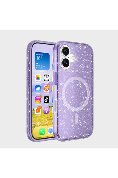 HEPTEKİLETİŞİM Apple iPhone 16 Kılıf Magsafe Şarj Özellikli Parlayan Simli Saydam Renkli HPTK Allstar Kapak-Mor ürün görseli 1