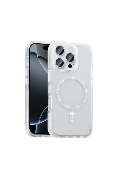 HEPTEKİLETİŞİM Apple iPhone 15 Pro Max Kılıf Taşlı Tasarım M-safe Şarj Özellikli Silikon Kapak (KOMENT) ürün görseli 1