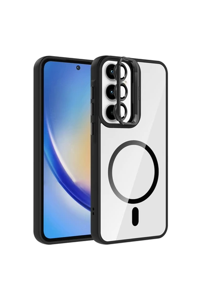 HEPTEKİLETİŞİM Samsung Galaxy A55 Kılıf Standlı ve Kamera Lens Hediyeli M-Safe Şarj Özellikli Kapak (etro) ürün görseli 1