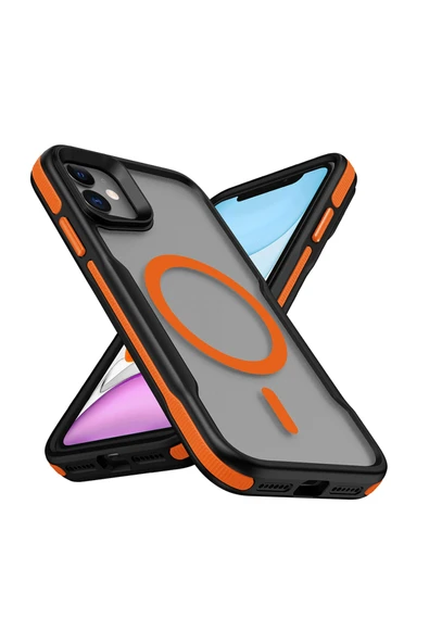 HEPTEKİLETİŞİM iPhone 12 Uyumlu Magsafe Şarj Özellikli Renkli Kenar Airbag Şeritli HPTK Lamer Kapak-Turuncu ürün görseli 1