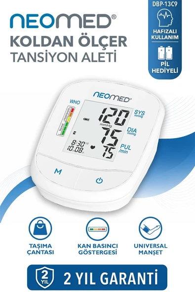 Neomed DBP-13C9 Pratik Hafızalı Üst Koldan Dijital Tam Otomatik Tansiyon Aleti ürün görseli 1