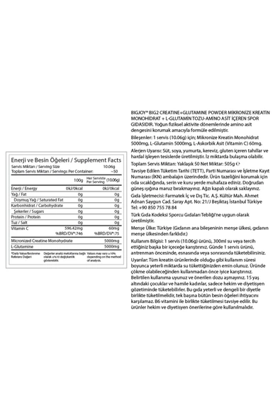 Bigjoy BIG2 Creatine + Glutamine 505g Aromasız - Resim 3