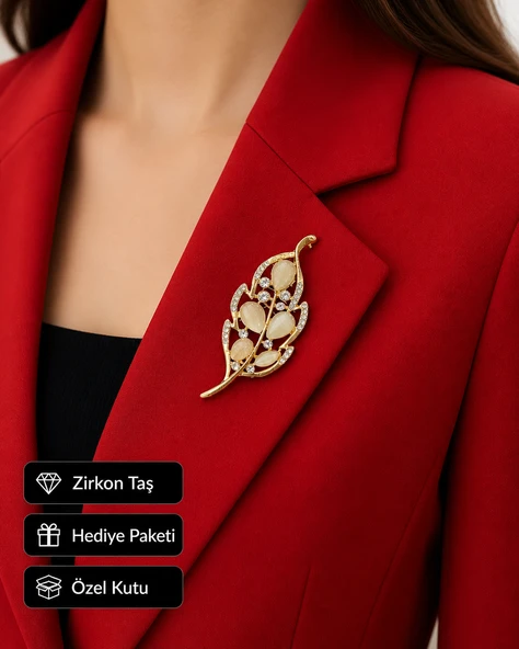 Hediye Gold Yaprak Tasarımlı Taşlı Kadın Broş Rozet ürün görseli 1
