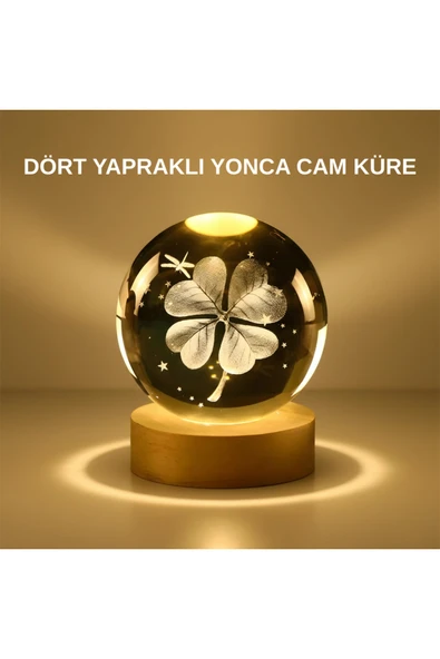 SAYARMARKT Dekoratif Yonca Görünümlü Işıklı Kristal Cam Küre USB Masa Gece Lambası ürün görseli 1