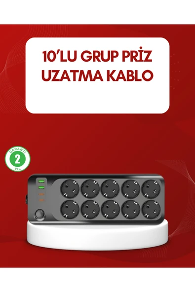 SAYARMARKT USB Type-C Destekli 10’lu Grup Priz Termal Korumalı 2m Kablo 2500W ürün görseli 1