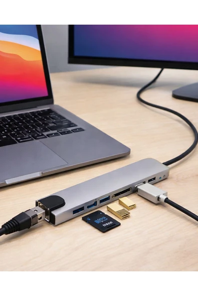 SAYARMARKT 8 Port Type C Hub USB HDMI RJ45 SD TF Kart Okuyucu Çoklayıcı ürün görseli 1