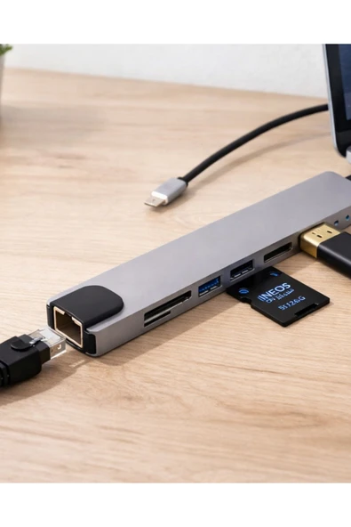 SAYARMARKT Çok Fonksiyonlu Type C Hub USB HDMI Ethernet Kart Okuyucu ürün görseli 1