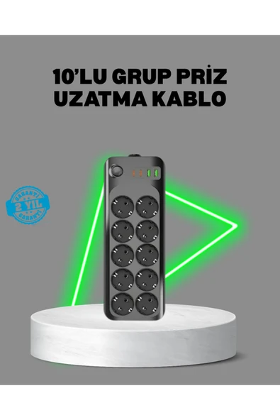 SAYARMARKT Termal Akım Korumalı 10’lu Grup Priz USB Type-C Hızlı Şarj 2500W 2m Kablo ürün görseli 1