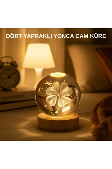 SAYARMARKT USB Bağlantılı Yonca Bitkili Cam Küre Ahşap Altlıklı Dekoratif Lamba ürün görseli 1