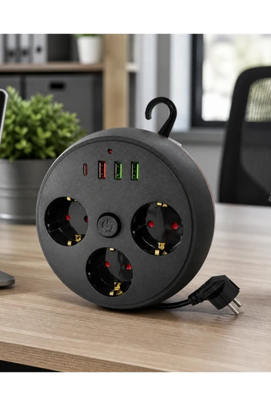 SAYARMARKT Akım Korumalı Çoklu Priz 3 Priz 3 USB 1 Type C 2 Metre Kablo Güvenli Şarj ürün görseli 1