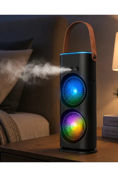 SAYARMARKT USB Şarjlı Çift Başlıklı Buharlı Masaüstü Fan Sessiz Serinletici Işıklı Fan ürün görseli 1