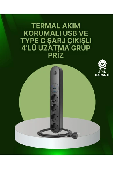 SAYARMARKT 4 Priz 2 USB 1 Type-C Akım Korumalı Çoklu Priz Led Anahtarlı ürün görseli 1