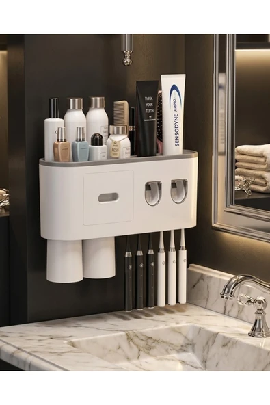 SAYARMARKT Çift Dispenserli Diş Macunu Sıkacağı 6 Fırçalık Bardaklı Banyo Organizer ürün görseli 1