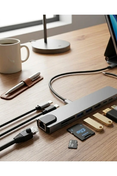 SAYARMARKT Type C Çoklu Port Hub 8 Port USB HDMI SD Kart Ethernet Adaptör ürün görseli 1